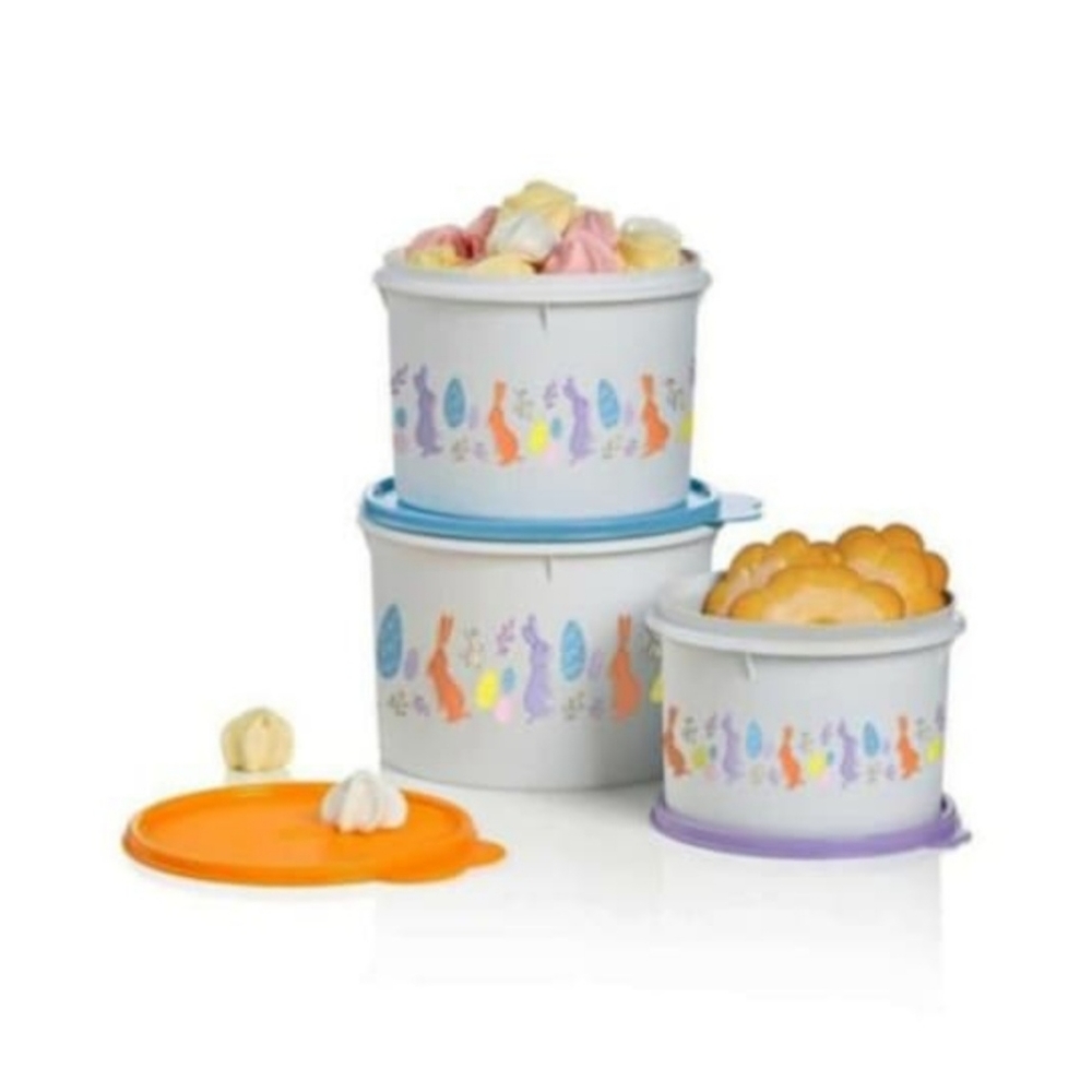 Tupperware Easter Stacking Canisters Set of 3. Bunnies and eggs print. New